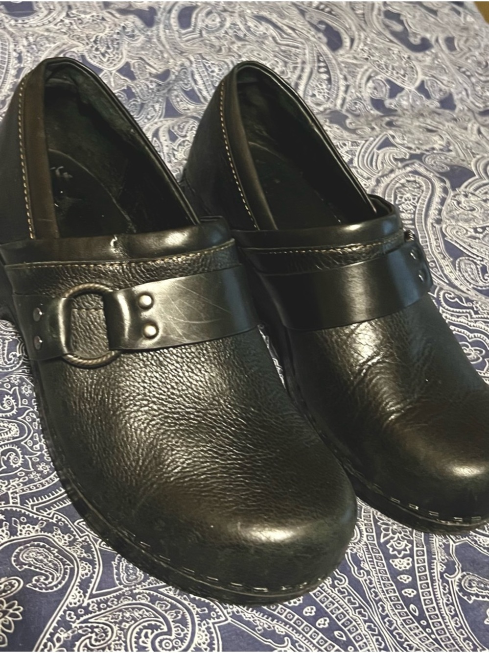 Sofft Black Leather Slip-On Clogs with Buckle Accent
